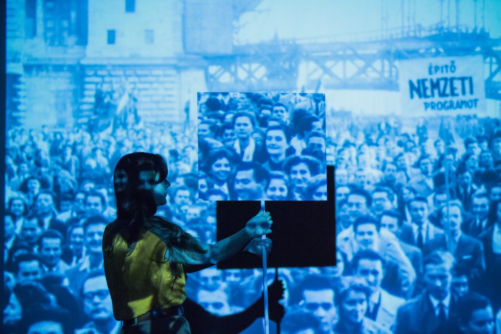 Deborah Pearson holds up a white banner on a stick while a film is being projected onto a wall, this casts the shadow of the banner and Deborah Pearson onto the film. The film is of people protesting.